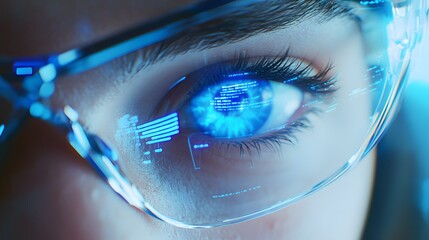 Close-up of a blue eye with digital overlay through futuristic glasses