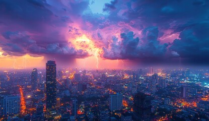 Obraz premium Dramatic lightning storm over a brightly lit city skyline at sunset with vibrant clouds and striking bolts Generative AI