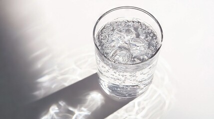   Glass with ice on white surface, casting shadow