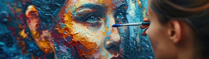 Artist with a paintbrush, creating a mural on a city wall