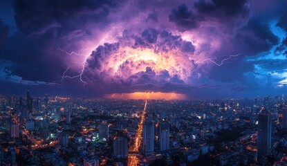 Fototapeta premium Dramatic lightning storm over a brightly lit city skyline at sunset with vibrant clouds and striking bolts Generative AI