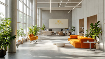 A spacious open office with modern furniture, featuring vibrant orange seating and lush greenery, creates welcoming and productive atmosphere