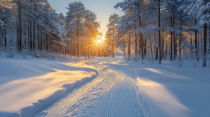 Obraz premium A breathtaking winter sunrise casts a golden glow over snowy trails winding through a peaceful forest, creating a serene winter atmosphere