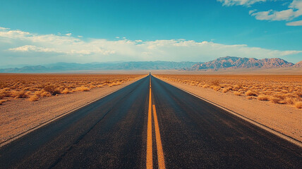 Fototapeta premium A straight road stretches into distance, flanked by arid desert landscapes and mountains under bright blue sky. scene evokes sense of adventure and exploration