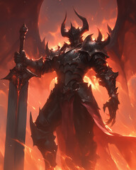 infernal demon champion with a greatsword in a lava-filled landscape