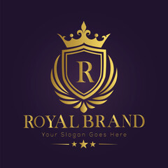 Letter R golden crown logo vector illustration.