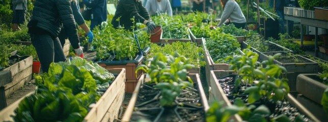 Detailed urban community garden with people tending to plants ultraclear image