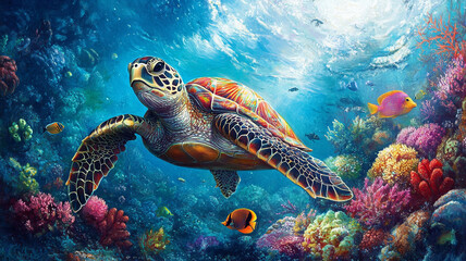 Fototapeta premium A vibrant underwater scene featuring turtle swimming gracefully among colorful fish and coral. rich hues and lively marine life create captivating and serene atmosphere