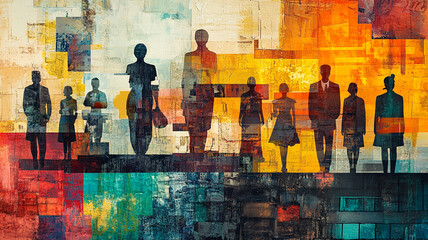 Fototapeta premium Vibrant collage of figures representing various individuals in colorful abstract setting, showcasing diversity and unity through art. silhouettes create dynamic visual impact