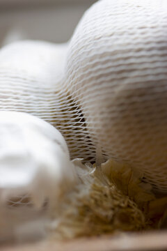 Close up of garlic bulbs in a mesh bag
