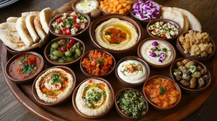 A Delicious Spread of Lebanese Mezze with Hummus and Pita Bread - Culinary Delights from the Middle East