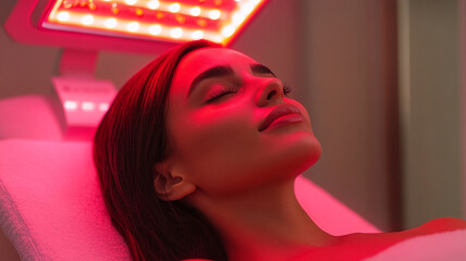 A woman receiving red light therapy treatment, relaxing under soothing glow of lights. ambiance creates calming atmosphere, promoting wellness and rejuvenation