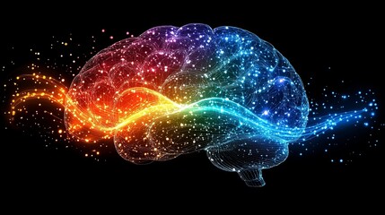 A glowing human brain with rainbow waves and sparkling particles representing the intricate pathways of thought and knowledge