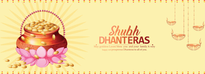 creative illustration of dhanteras with Golden kalash with abstract decotarive background.