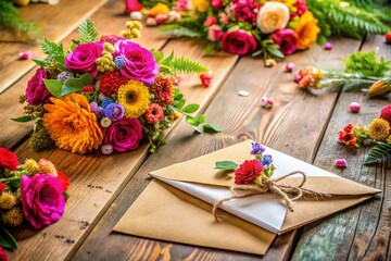 Obraz premium Elegant Wedding Paper Invitations and Decorations on Rustic Wooden Table with Floral Accents