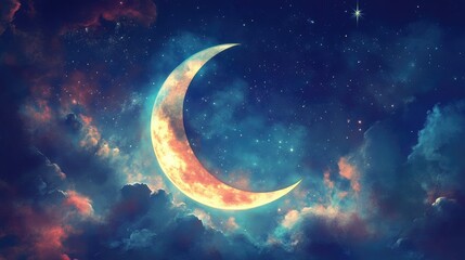 Fototapeta premium A crescent moon with a soft, glowing star, symbolizing guided meditation and harmony, illustrated in soothing hues.