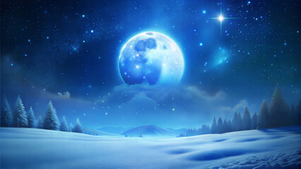 Fototapeta premium Magical starry winter sky with a full moon illuminating snowy landscape 