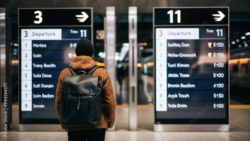 Fototapete A man wearing a backpack stands in front of a large display of flight information. The man is waiting for a flight