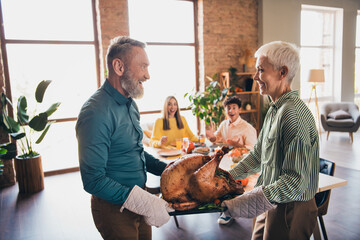 Portrait of big friendly family banquet baked turkey celebrate thanksgiving day dinner flat indoors
