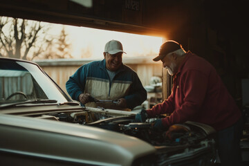 Classic Car Repair at Dusk