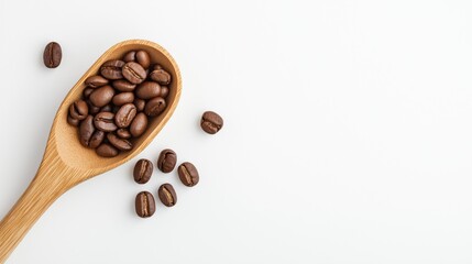 Fototapeta premium Freshly roasted coffee beans in a wooden spoon with scattered beans on a white surface, perfect for coffee enthusiasts.