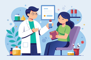 A doctor explains medication to a patient sitting comfortably in a medical office, Doctor gives patient medicine, flat drawing.