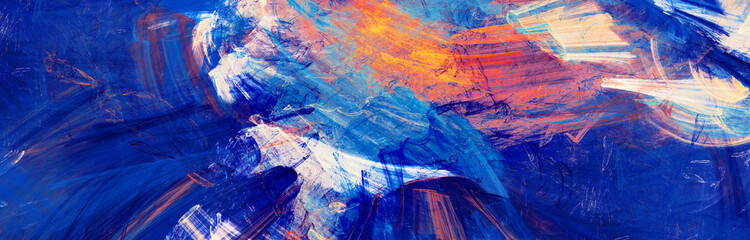Abstract artistic sunrise in indigo sky. Art paint pattern. Bright blue color splashes. Colorful painting texture. Dynamic watercolor background. Fractal artwork for creative graphic design
