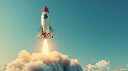 A futuristic rocket launching into the sky, representing bold ambition and innovation, framed against a clear blue sky with clouds
