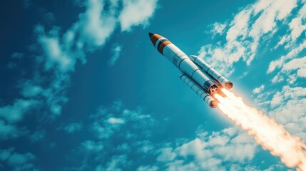 A futuristic rocket launching into the sky, representing bold ambition and innovation, framed against a clear blue sky with clouds