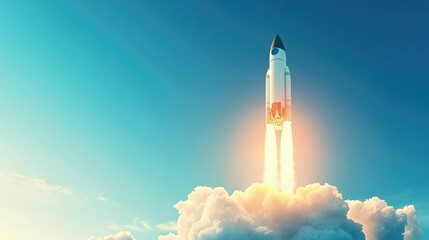 A futuristic rocket launching into the sky, representing bold ambition and innovation, framed against a clear blue sky with clouds