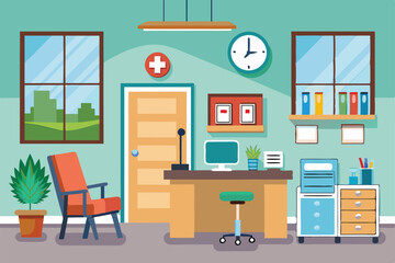 The illustration depicts a doctor's office featuring a desk, chair, and medical supplies in a cozy environment, Doctor's office, simple drawing