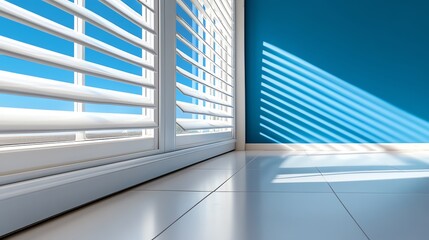 Obraz premium Bright room with blinds casting shadows on the floor.