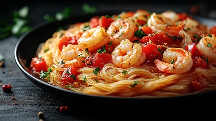 Aromatic shrimp and tomato sauce tossed with delicate noodles, a vibrant and flavorful culinary delight