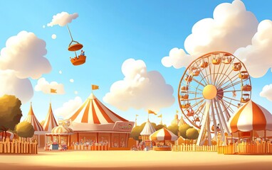 A cartoon scene in an amusement park full of rides