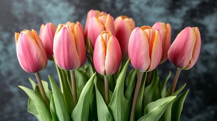 A bouquet of delicate pink and yellow tulips with green leaves, capturing the beauty of spring blooms