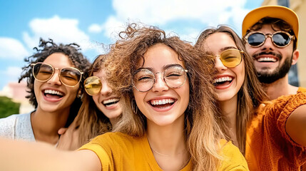Fototapeta premium Group of friends enjoying a sunny day and smiling for a selfie.