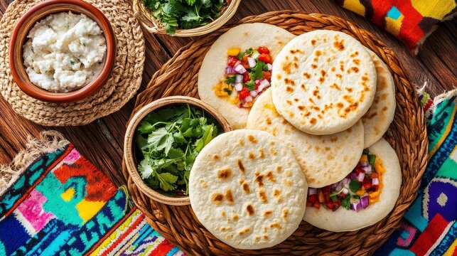Unique Colombian Beach Experience: Top-down view of delicious arepas with cultural music ambiance