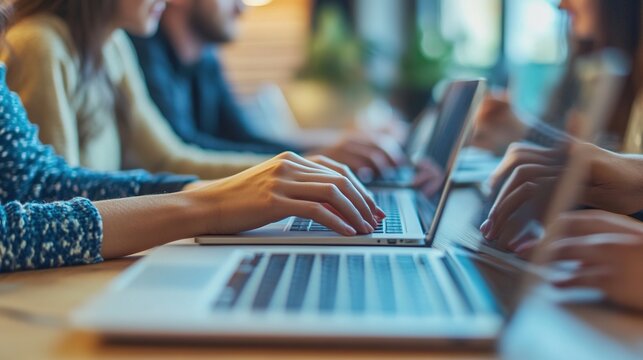 A group of individuals working on laptops at a communal table, demonstrating collaboration and focus in a modern workspace.