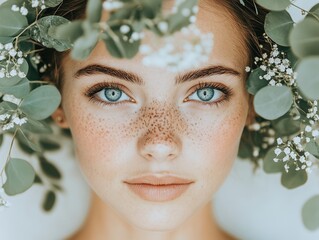Close-up portrait of woman with blue eyes and freckles surrounded by green leaves.