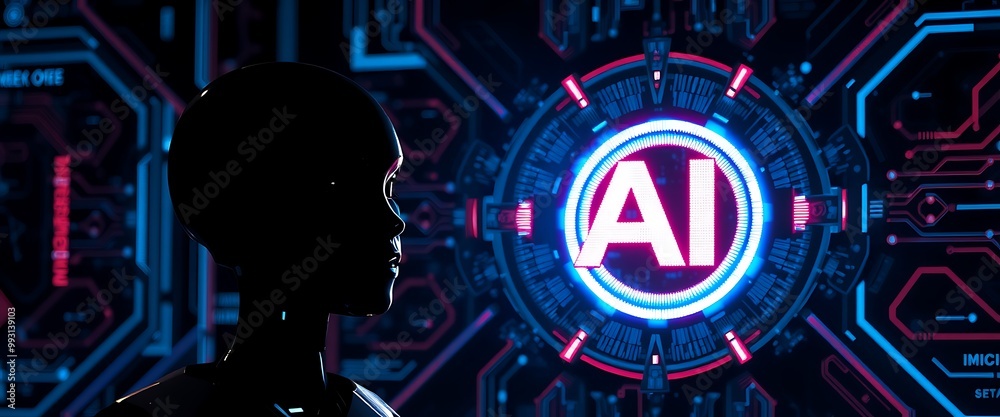 Poster silhouette of a robot looking at a digital image of the letters 