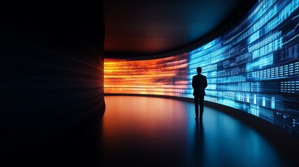 Silhouette of a person in a futuristic digital environment with vibrant light trails.