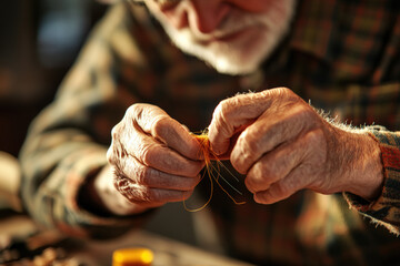 Old Hands Crafting: Close-Up of Elderly Man's Hands Engaged in Intricate Work, Warm Evening Light