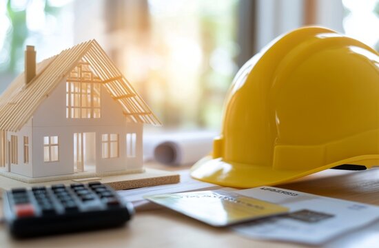 Construction site essentials with a model house and safety helmet on a work desk