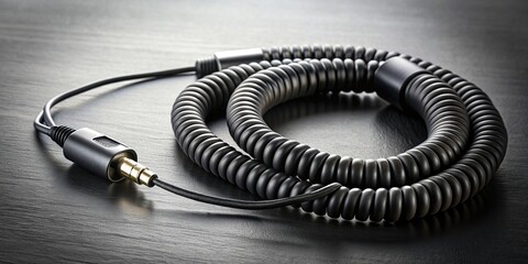 headphone, tightly wrapped, background, ebony, subtle, slate, Headphone cord tightly wrapped around an ebony slate background with subtle reflections