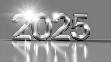 Shiny metallic numbers representing the year 2025, reflecting light in a modern, sleek design against a gray background.