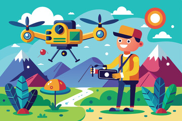 A drone operator captures a colorful cartoon scene featuring mountains and greenery, Drone filming for customizable cartoon illustration.