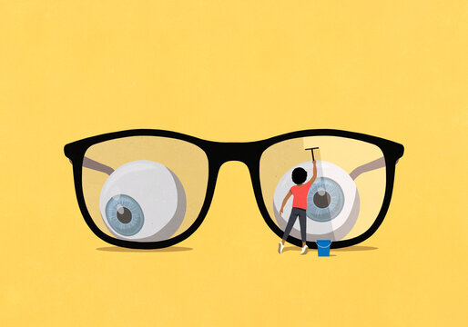 Eyeballs watching woman with squeegee cleaning lens of large eyeglasses on yellow background
