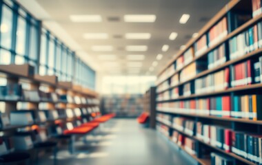 Fototapeta premium Abstract blurred public library interior space. blurry room with bookshelves by defocused effect. use for background or backdrop in business or education concepts