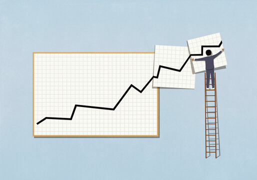 Businessman on ladder extending graph with ascending line
