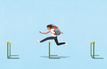 Schoolgirl with backpack jumping over hurdles on blue background
